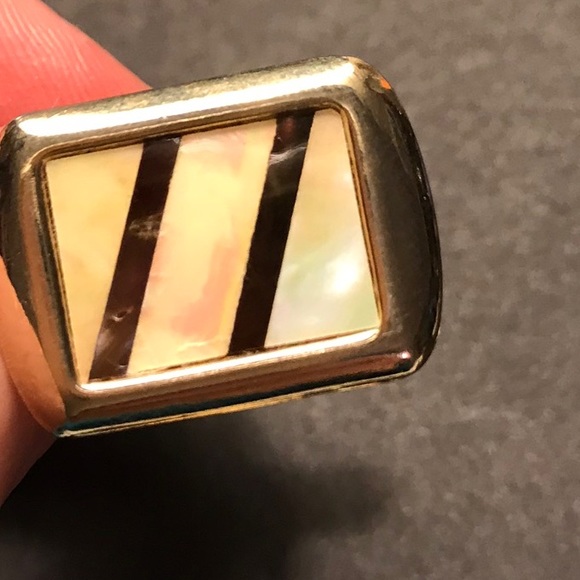 3 Piece Set Cuff Links & Tie Bar Tortoise Abalone Inlaid Shell Retro Vintage - Picture 3 of 6